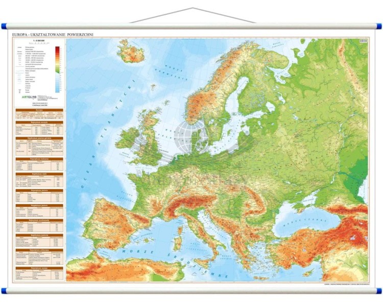 Europa 1:6 500 000. Dwustronna mapa ścienna. Polityczna i fizyczna. Strona fizyczna
