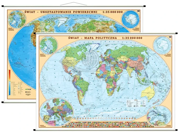Świat 1:35 000 000. Dwustronna mapa ścienna. Polityczna i fizyczna