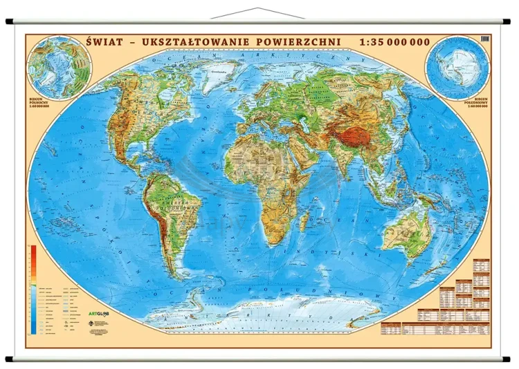 Świat 1:35 000 000. Dwustronna mapa ścienna. Polityczna i fizyczna. Strona fizyczna