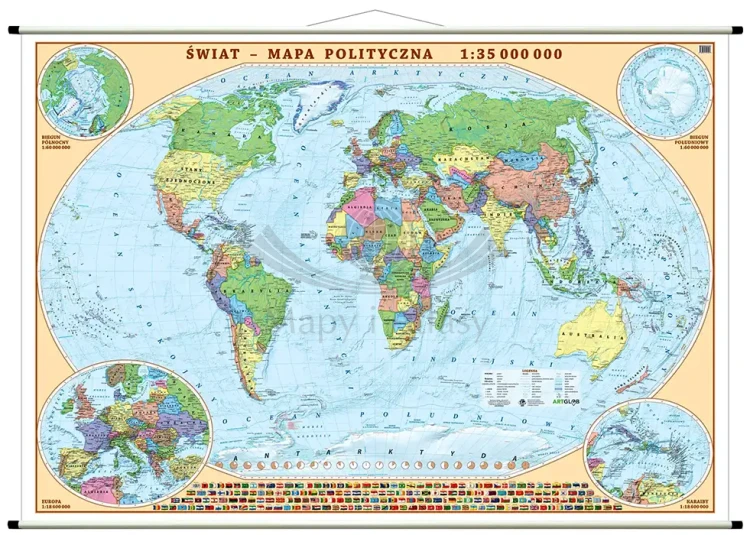Świat 1:35 000 000. Dwustronna mapa ścienna. Polityczna i fizyczna. Strona polityczna