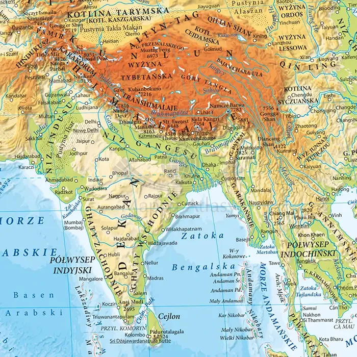 Świat 1:35 000 000. Dwustronna mapa ścienna. Polityczna i fizyczna. Strona fizyczna - fragment