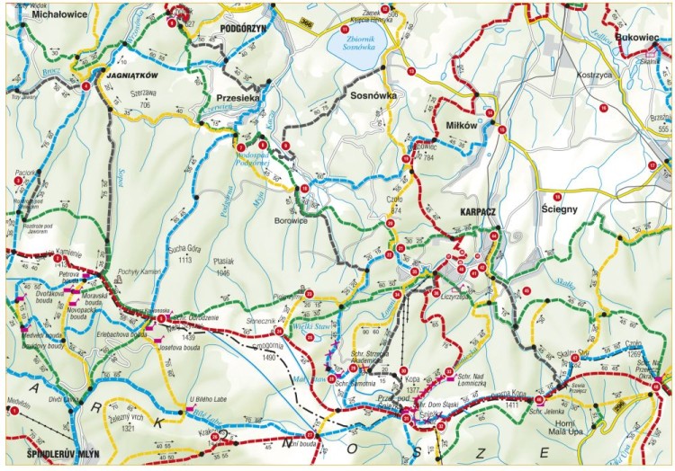 Karpacz i okolice / Szlaki turystyczne Karpacza. Laminowana mapa turystyczna wydawnictwa Libra. Strona pierwsza