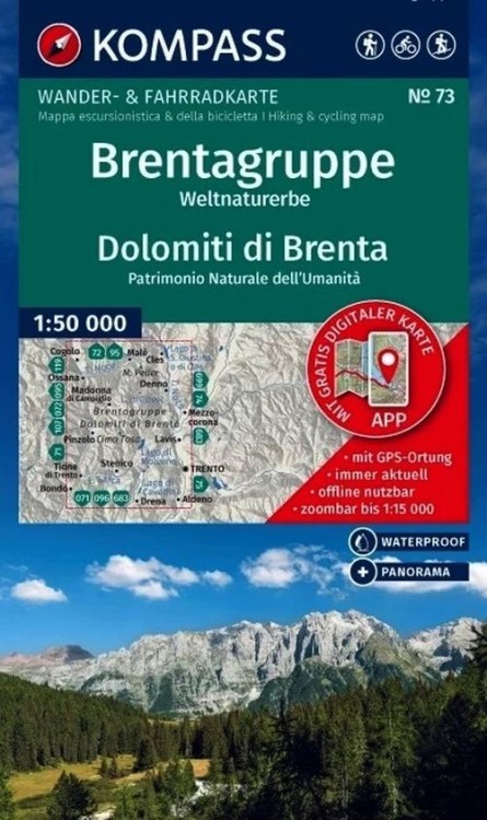 Brentagruppe, Dolomiti di Brenta. Wodoodporna mapa turystyczna 73 wydawnictwa Kompass. Okładka