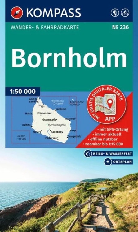 Bornholm. Wodoodporna mapa turystyczna 236 wydawnictwa Kompass. Okładka