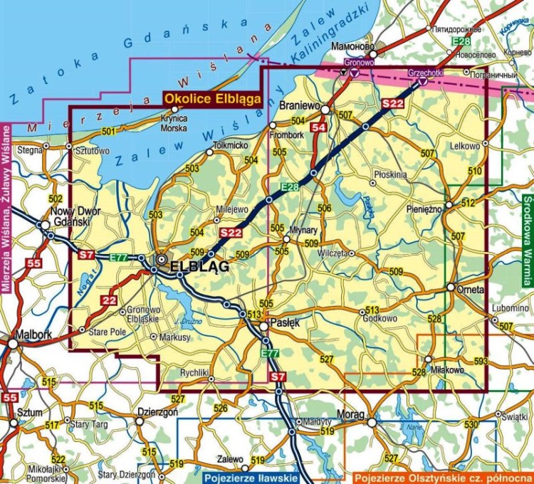 Okolice Elbląga 1:55 000. Braniewo, Frombork, Tolkmicko, Pasłęk, Pieniężno. Mapa turystyczna wydawnictwa Compass. Zasięg