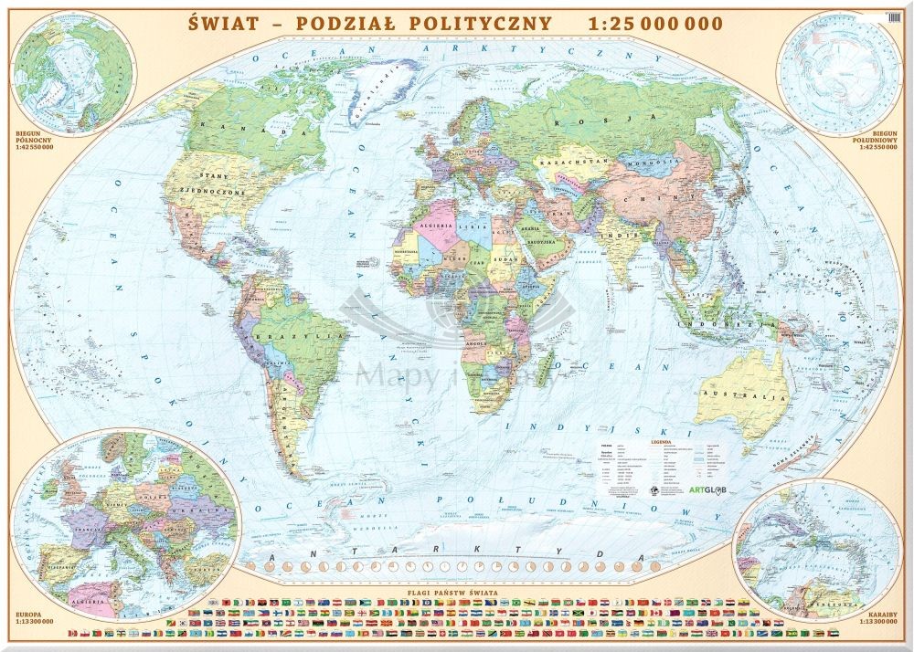 Świat 1:25 000 000. Mapa ścienna polityczna. Na płótnie Canvas. Wyd. 2025
