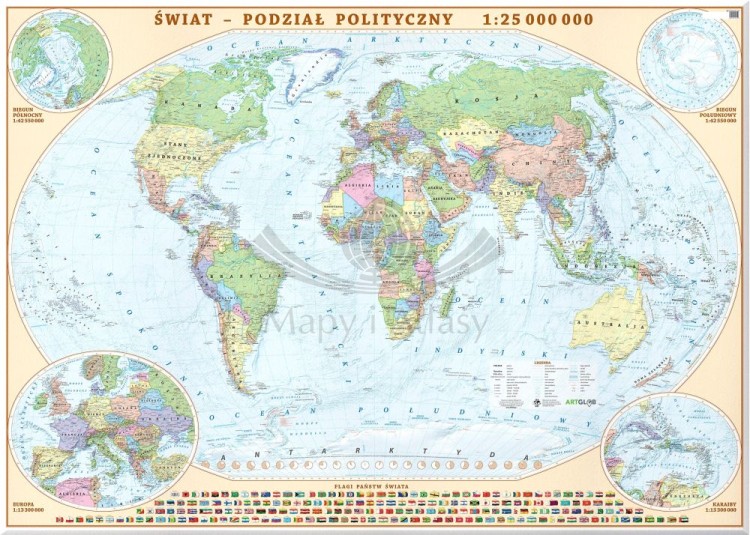 Świat 1:25 000 000. Mapa ścienna polityczna. Na płótnie Canvas