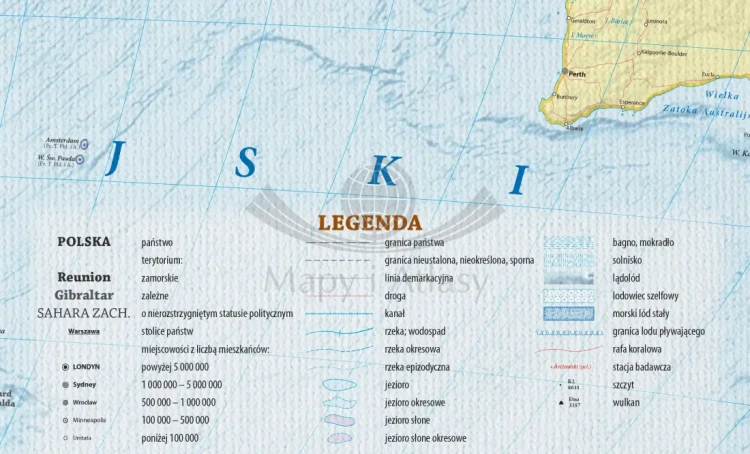 Świat 1:25 000 000. Mapa ścienna polityczna. Na płótnie Canvas. Legenda