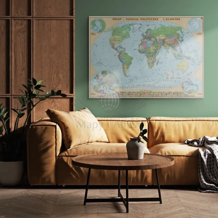 Świat 1:25 000 000. Mapa ścienna polityczna. Na płótnie Canvas. Przykład aranżacji