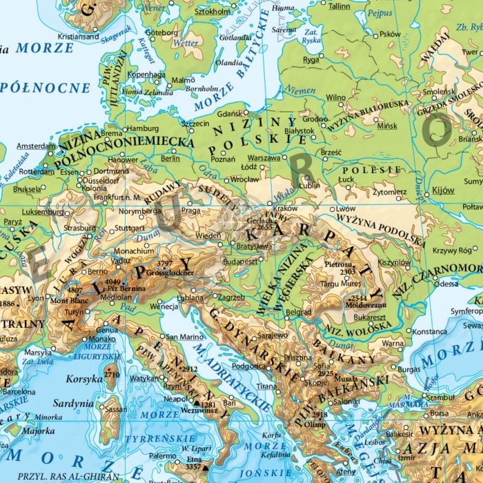 Świat 1:25 000 000. Mapa ścienna fizyczna. Fragment 1