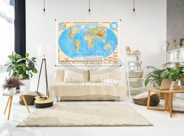Świat 1:25 000 000. Mapa ścienna fizyczna. Przykład aranżacji