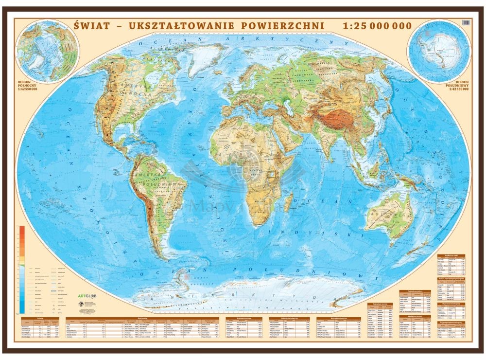 Świat 1:25 000 000. Mapa fizyczna w ramie drewnianej. Wyd. 2025