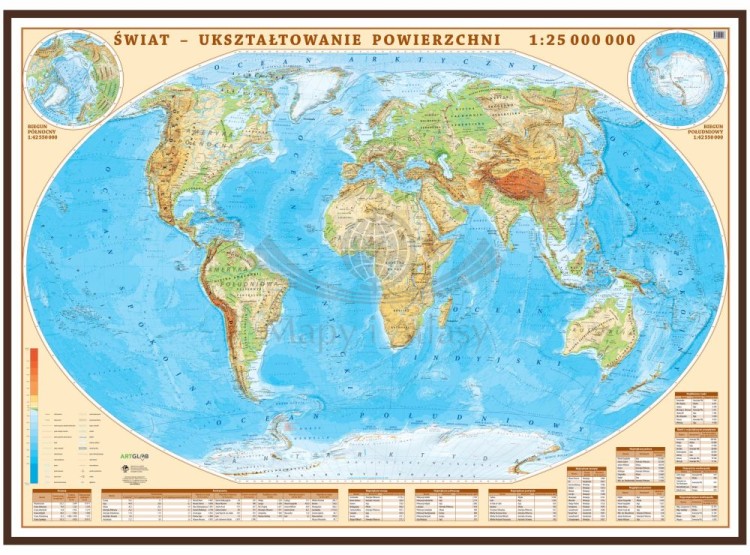 Świat 1:25 000 000. Mapa fizyczna w ramie drewnianej