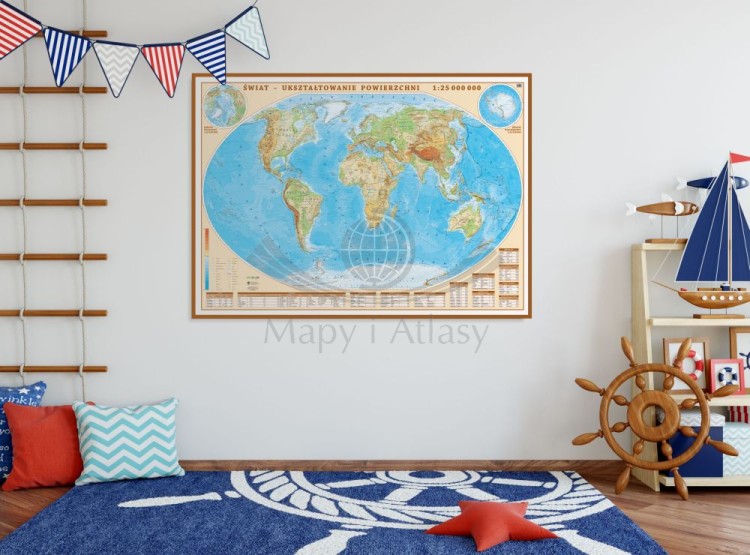 Świat 1:25 000 000. Mapa fizyczna w ramie drewnianej. Przykład aranżacji