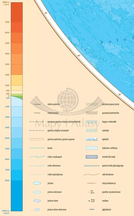 Świat 1:25 000 000. Mapa fizyczna. Wersja do wpinania. Legenda