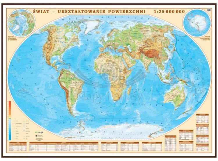 Świat 1:25 000 000. Mapa fizyczna. Wersja do wpinania