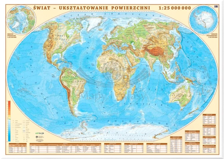 Świat 1:25 000 000. Mapa ścienna fizyczna. Na płótnie Canvas
