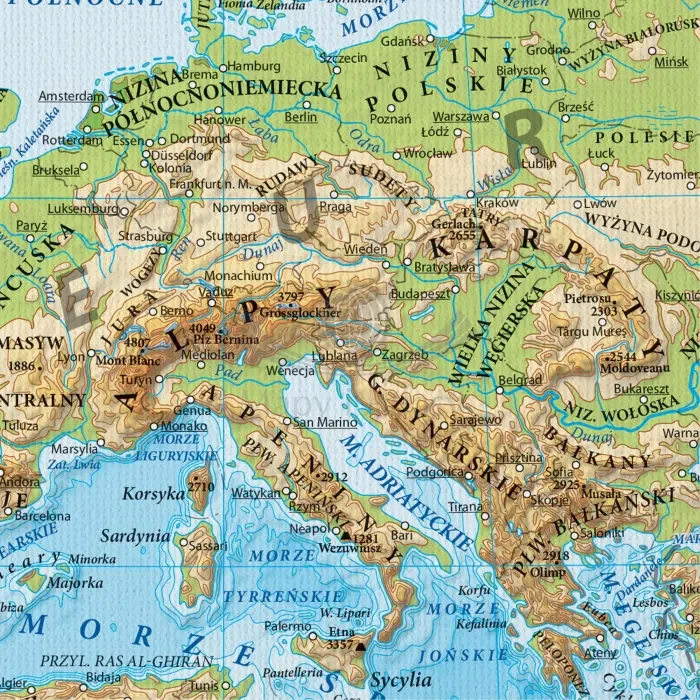 Świat 1:25 000 000. Mapa ścienna fizyczna. Na płótnie Canvas. Fragment 2