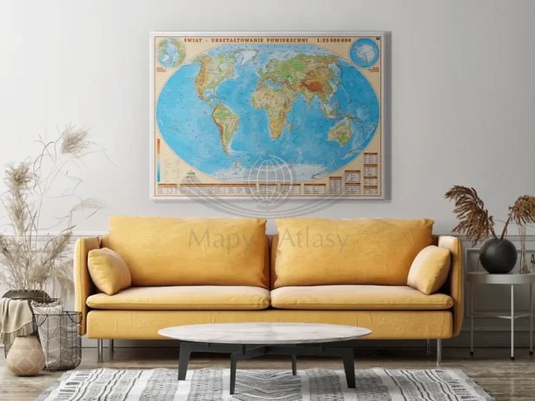 Świat 1:25 000 000. Mapa ścienna fizyczna. Na płótnie Canvas. Przykład aranżacji