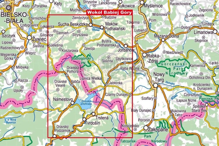 Wokół Babiej Góry / Babia Góra, Beskid Żywiecki, Orawa. Laminowana mapa turystyczna wydawnictwa Compass. Zasięg
