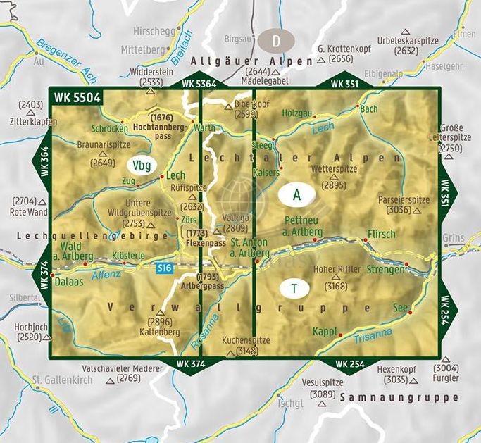 Arlberg, Lech 1:35 000. Wodoodporna mapa turystyczna WK 5504 wydawnictwa Freytag & Berndt. Zasięg
