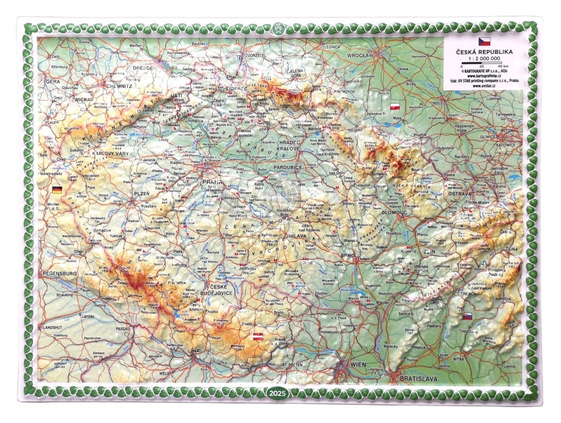 Czechy 1:2 000 000. Mapa plastyczna (trójwymiarowa) - mała. Wyd. 2025