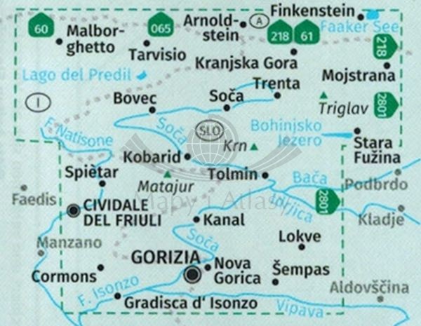 Soca-Tal / Dolina Soczy. Alpy Julijskie, Triglav. Wodoodporna mapa turystyczna 2804 wydawnictwa Kompass. Zasięg