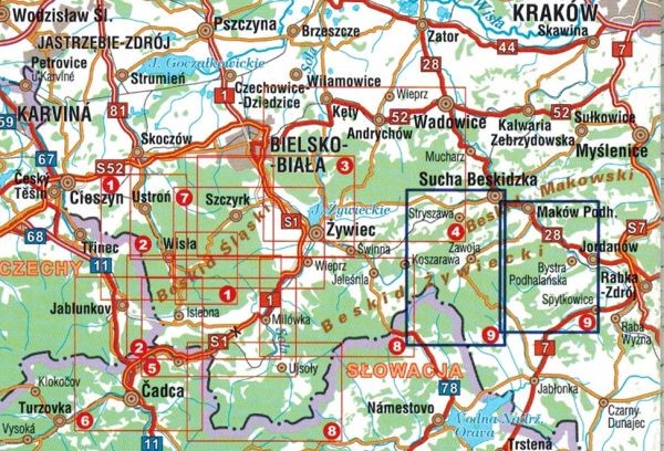 Beskid Żywiecki, część wschodnia. Mapa turystyczna wydawnictwa Galileos. Zasięg