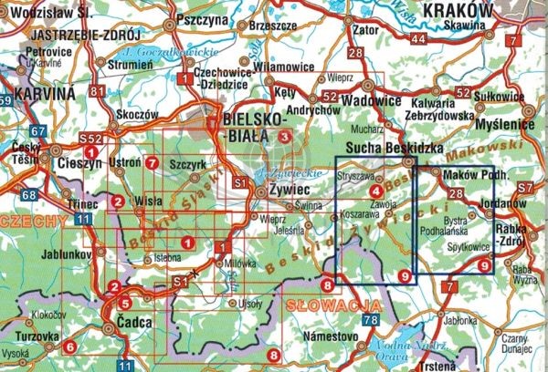 Beskid Żywiecki, część wschodnia. Mapa turystyczna wydawnictwa Galileos. Zasięg