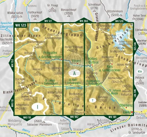 Defereggental, Virgental, Matrei. Wodoodporna mapa turystyczna WK 123 wydawnictwa Freytag & Berndt. Zasięg