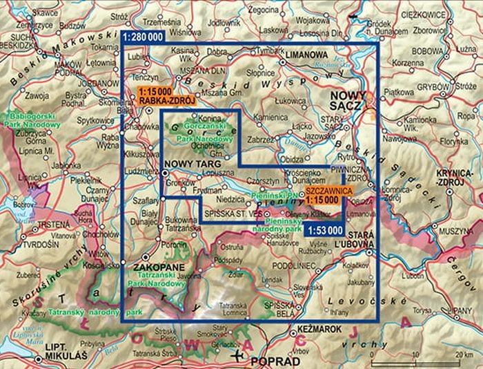 Pieniny i Gorce. Laminowana mapa turystyczna + Miniprzewodnik wydawnictwa ExpressMap. Zasięg