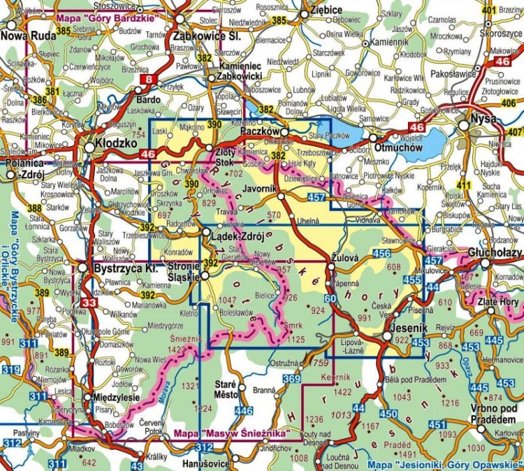 Góry Złote, Rychlebske Hory. Laminowana mapa turystyczna wydawnictwa Compass. Zasięg