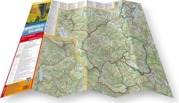 Bieszczady. Rowerem po Bieszczadach 1:65 000. Laminowana mapa turystyczna wydawnictwa ExpressMap. Rozłożona mapa