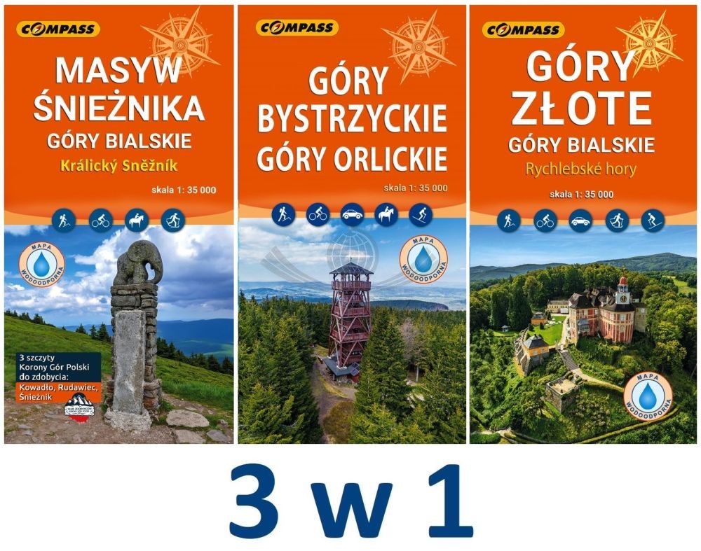 Masyw Śnieżnika, Góry Bialskie, Bystrzyckie, Orlickie i Złote. Zestaw: 3 x laminowana mapa turystyczna. Wyd. 2025. Compass