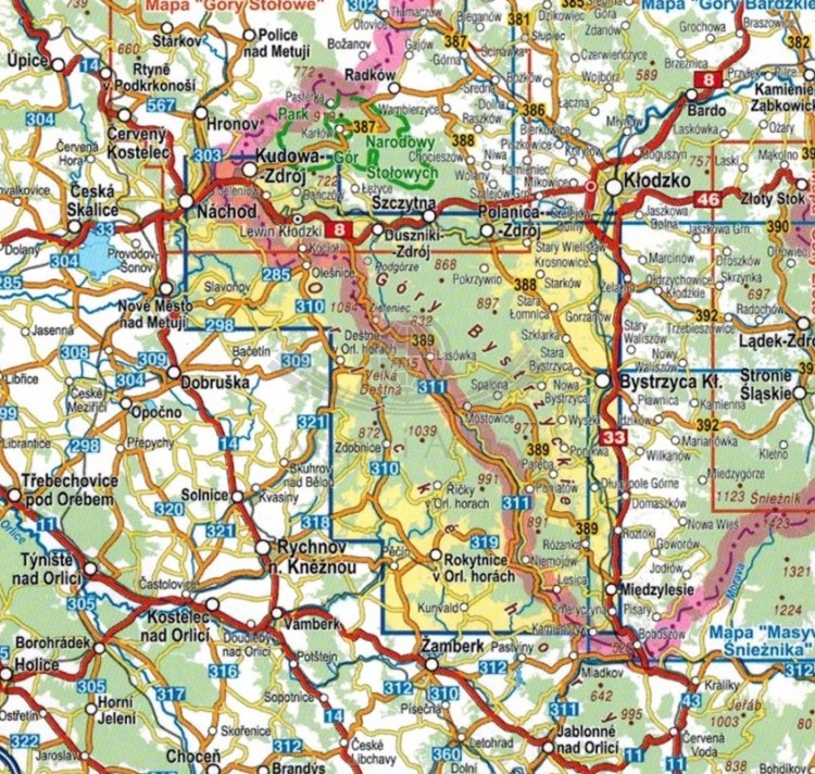 Góry Bystrzyckie i Orlickie 1:35 000. Laminowana mapa turystyczna wydawnictwa Compass. Zasięg