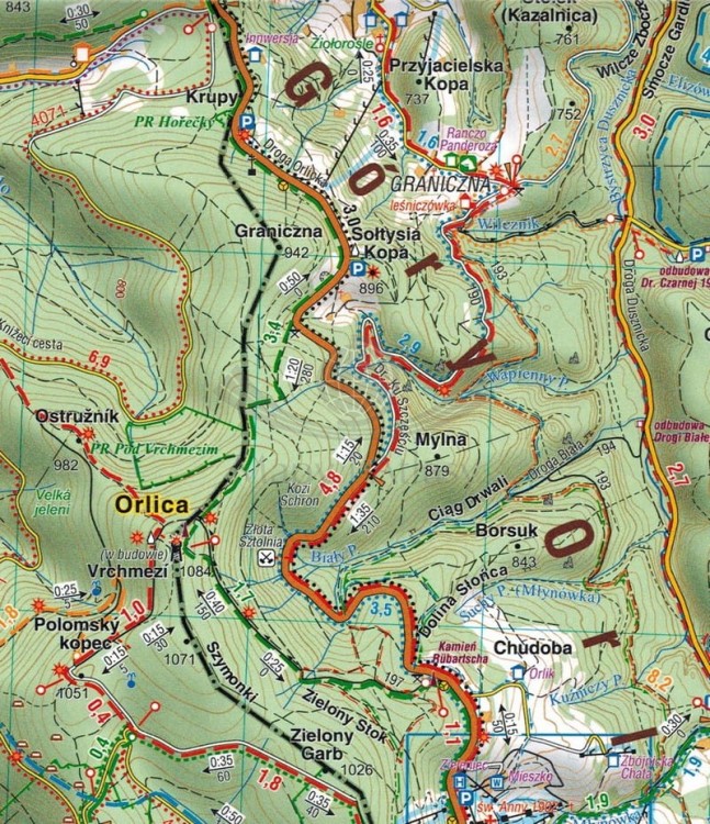 Góry Bystrzyckie i Orlickie 1:35 000. Laminowana mapa turystyczna wydawnictwa Compass. Fragment