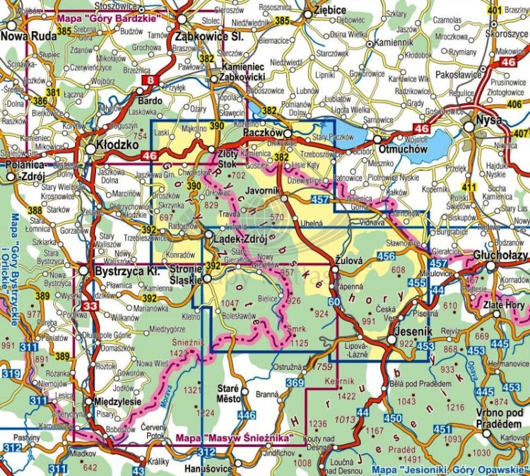 Góry Złote, Rychlebske Hory. Laminowana mapa turystyczna wydawnictwa Compass. Zasięg