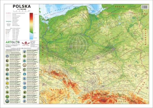 Polska 1:1 700 000. Laminowana, dwustronna podkładka / mapa podręczna. Fizyczna/administracyjna. Strona fizyczna