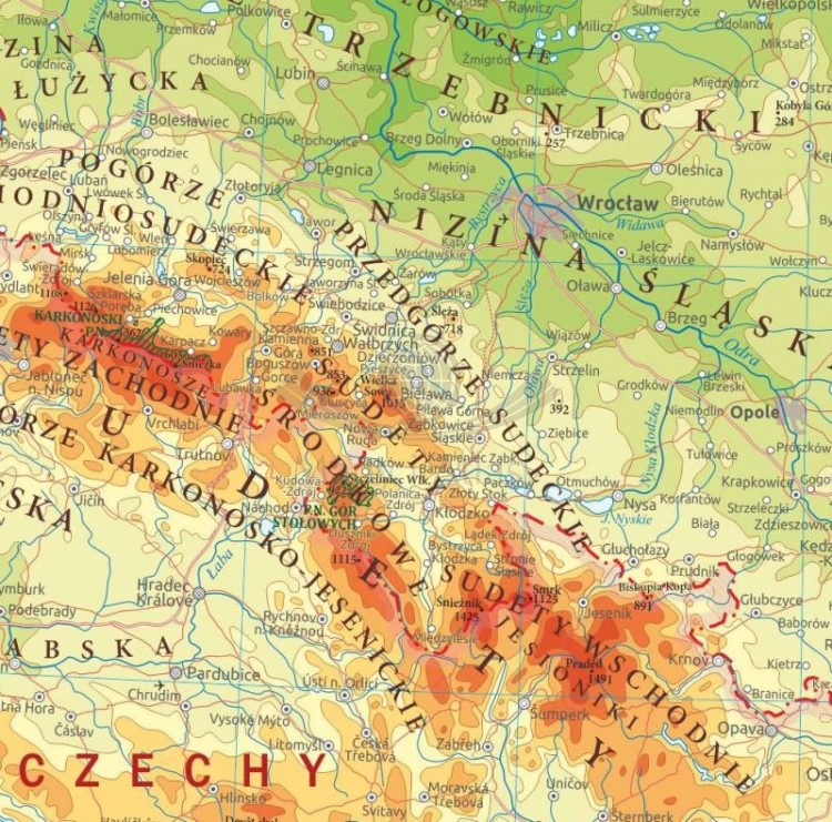 Polska 1:1 700 000. Laminowana, dwustronna podkładka / mapa podręczna. Fizyczna/administracyjna. Strona fizyczna - fragment 2