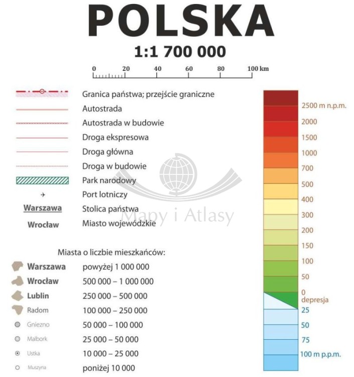 Polska 1:1 700 000. Laminowana, dwustronna podkładka / mapa podręczna. Fizyczna/administracyjna. Strona fizyczna - legenda
