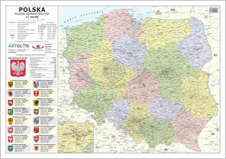 Polska 1:1 700 000. Laminowana, dwustronna podkładka / mapa podręczna. Fizyczna/administracyjna. Strona polityczna