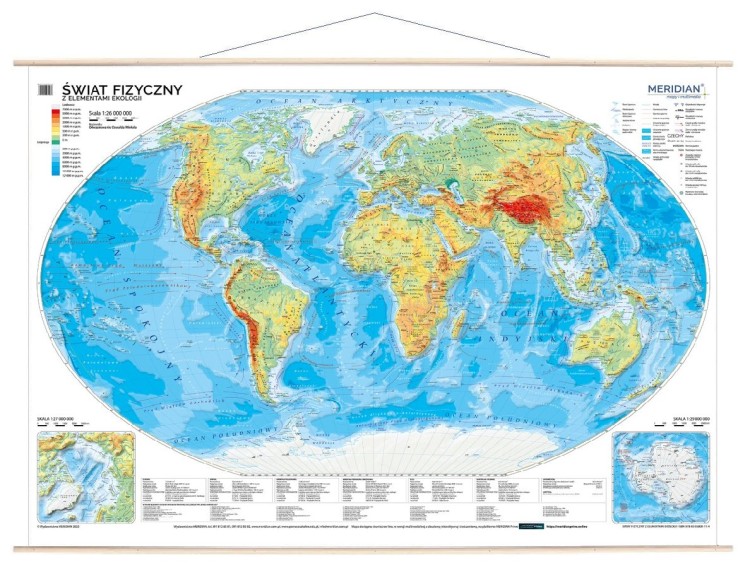 Świat 1:26 000 000. Mapa ścienna fizyczna z elementami ekologii. Drewniane półwałki