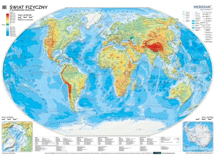 Świat 1:26 000 000. Mapa ścienna fizyczna z elementami ekologii. Drewniane półwałki