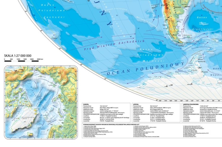 Świat 1:26 000 000. Mapa ścienna fizyczna z elementami ekologii. Drewniane półwałki. Fragment 2