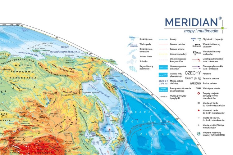 Świat 1:26 000 000. Mapa ścienna fizyczna z elementami ekologii. Drewniane półwałki. Legenda