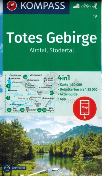 Totes Gebirge. Almtal, Stodertal. Wodoodporna mapa turystyczna 19 wydawnictwa Kompass. Okładka