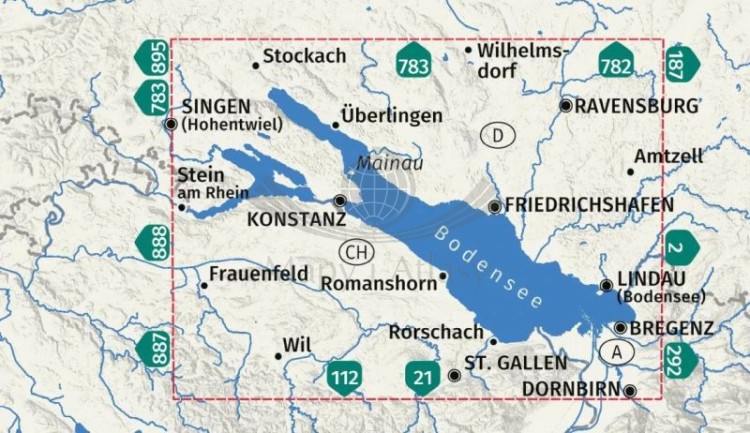 Jezioro Bodeńskie / Bodensee Gesamtgebiet. Wodoodporna mapa turystyczna 1c wydawnictwa Kompass. Zasięg