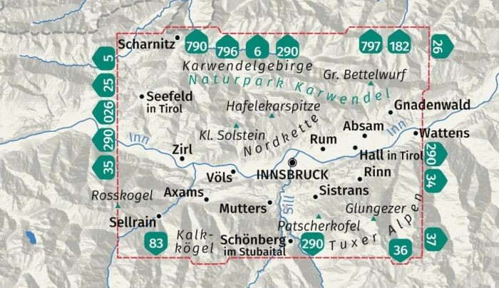 Innsbruck i okolice. Wodoodporna mapa turystyczna 036 wydawnictwa Kompass. Zasięg