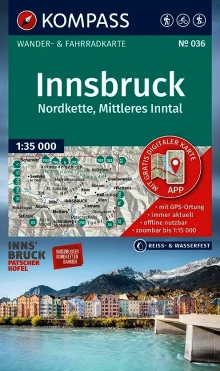 Innsbruck i okolice. Wodoodporna mapa turystyczna 036 wydawnictwa Kompass. Okładka