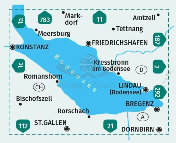 Jezioro Bodeńskie, część wschodnia / Bodensee - Ost. Wodoodporna mapa turystyczna 1b wydawnictwa Kompass. Zasięg